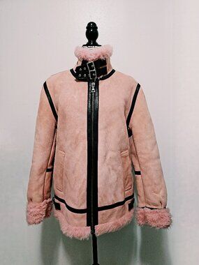 NewReal Sheepskin Shearling Lamb Fur Suede Leather Coat Jacket Pink Coral Biker